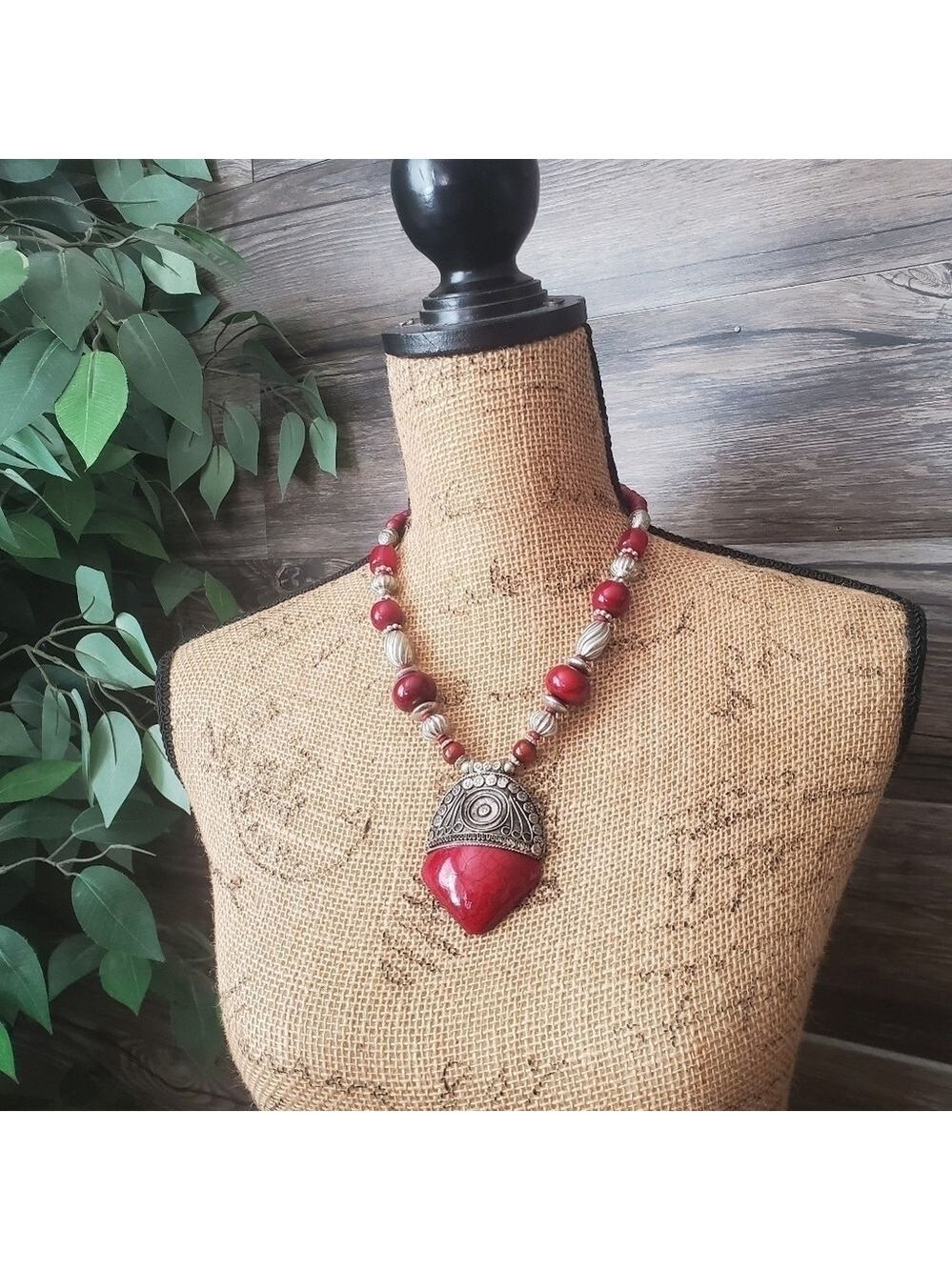 Red Beaded Pendant Statement Necklace Silver and Red